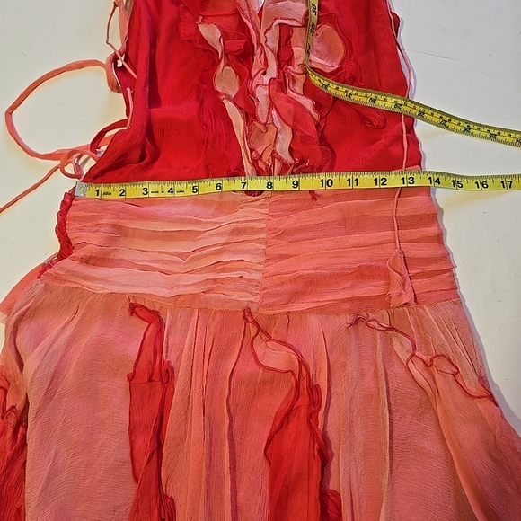 Vintage Rare Bebe 100% Silk Ruffled Red & Pink Sleeveless Dress Size S - Picture 13 of 14